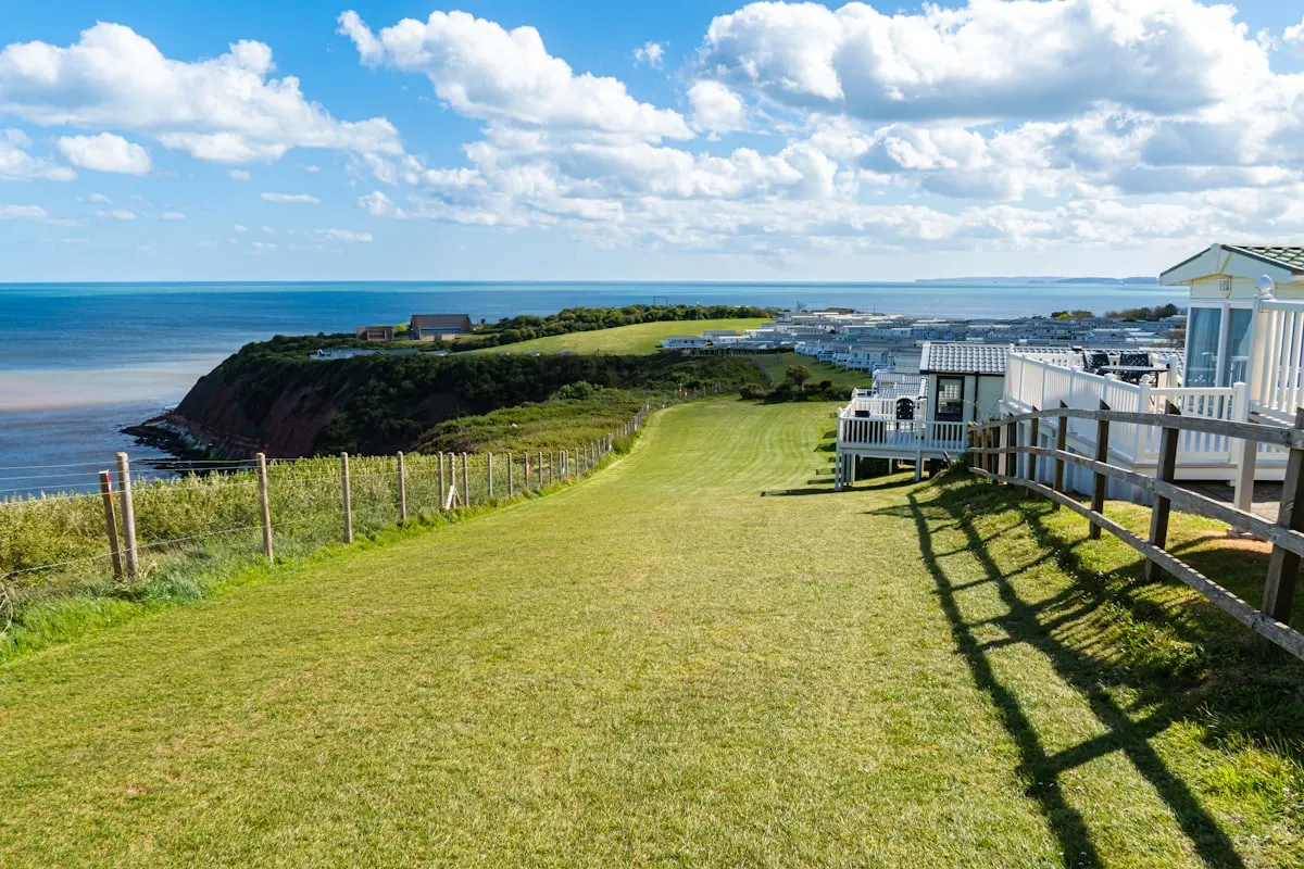 Static caravans on a clifftop holiday park overlooking the sea